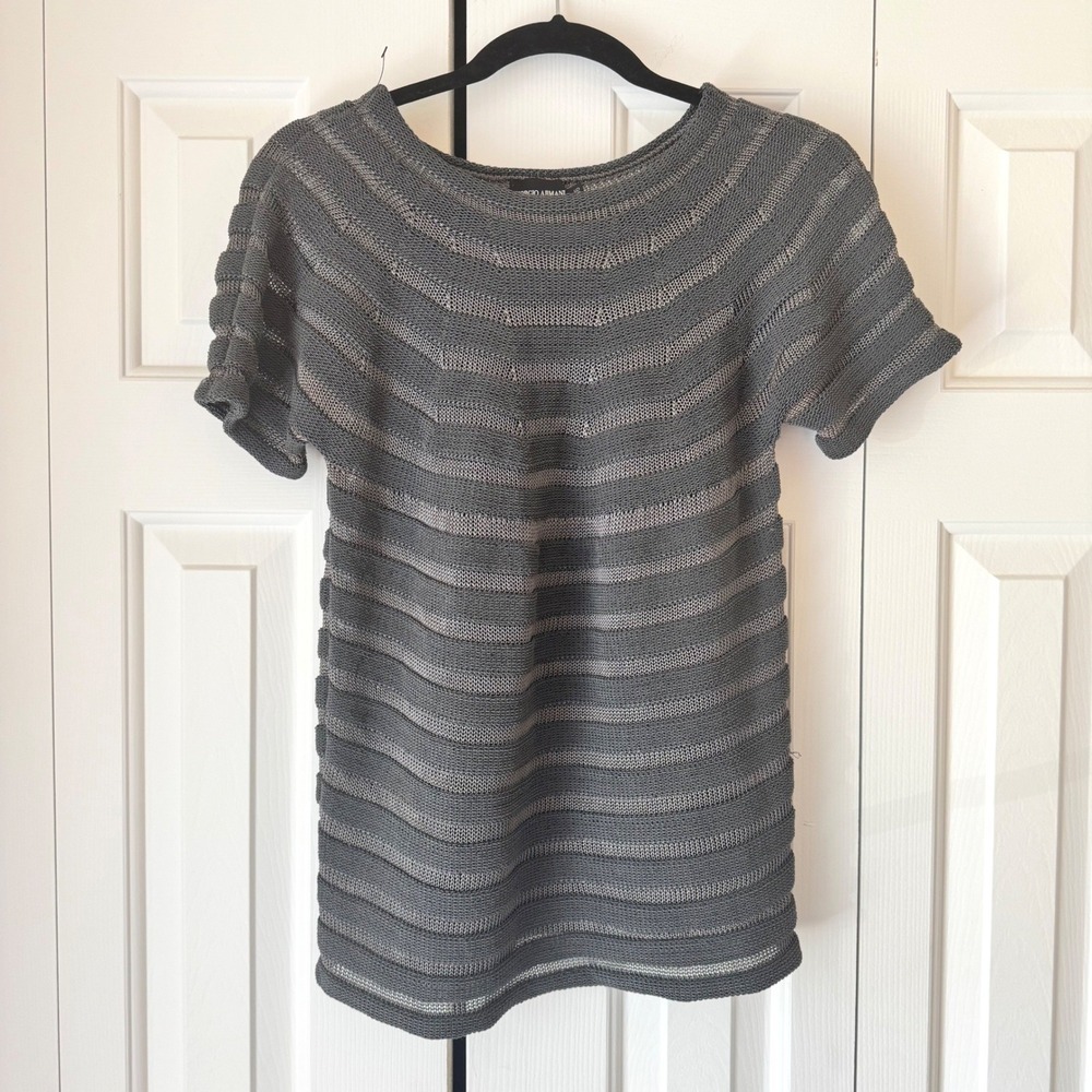 Giorgio Armani Grey Metallic Striped Knit Top Short Sleeve Made in Italy Size 46